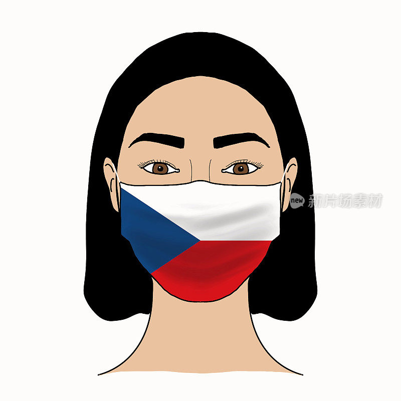 Coronavirus mask crisis. Czech Republic health system. Flag of Czech Republic coronavirus outbreak patterned mask wearing woman.